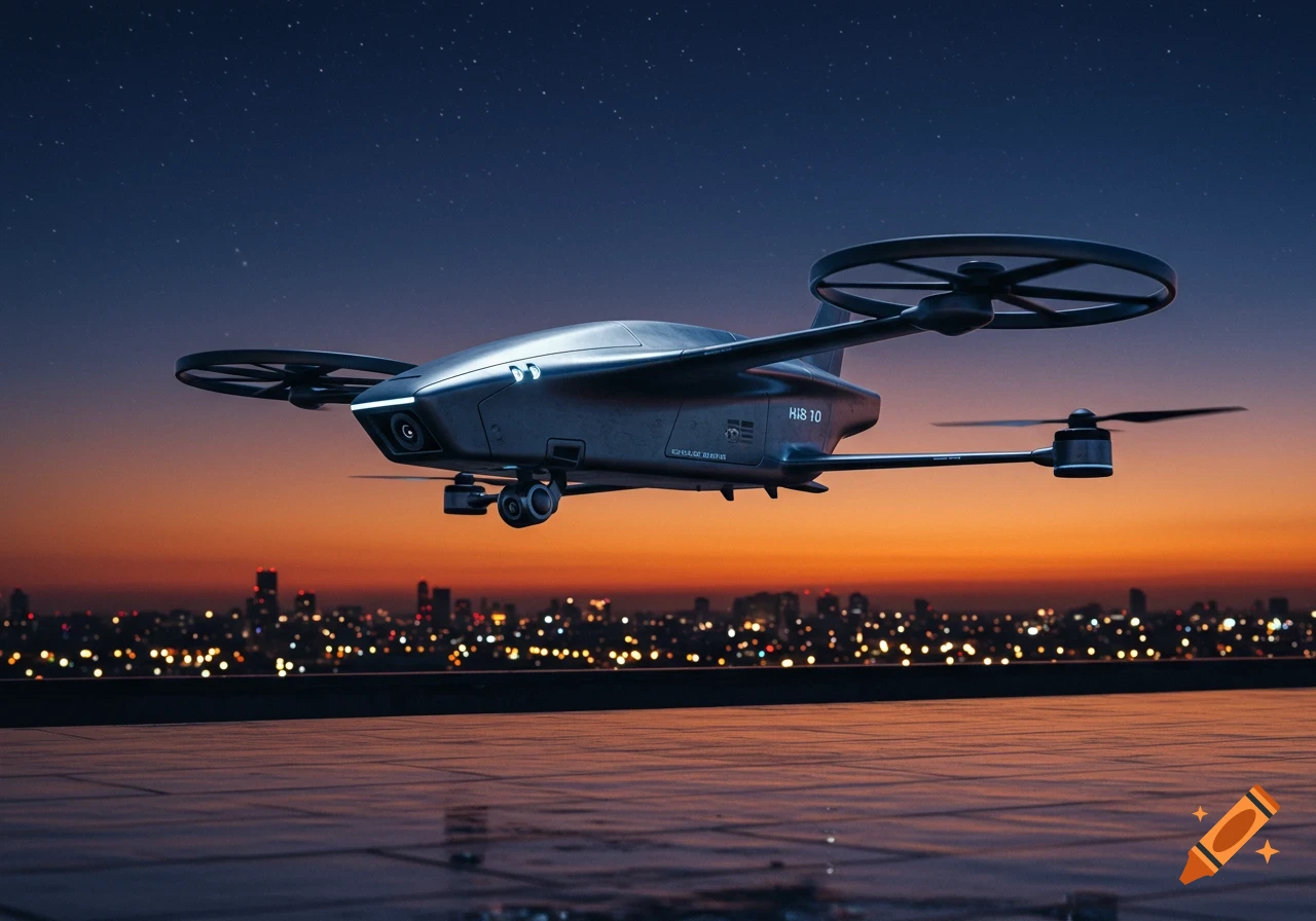 A futuristic grey drone with multiple propellers hovers over a city rooftop at dusk, with city lights and stars in the background.