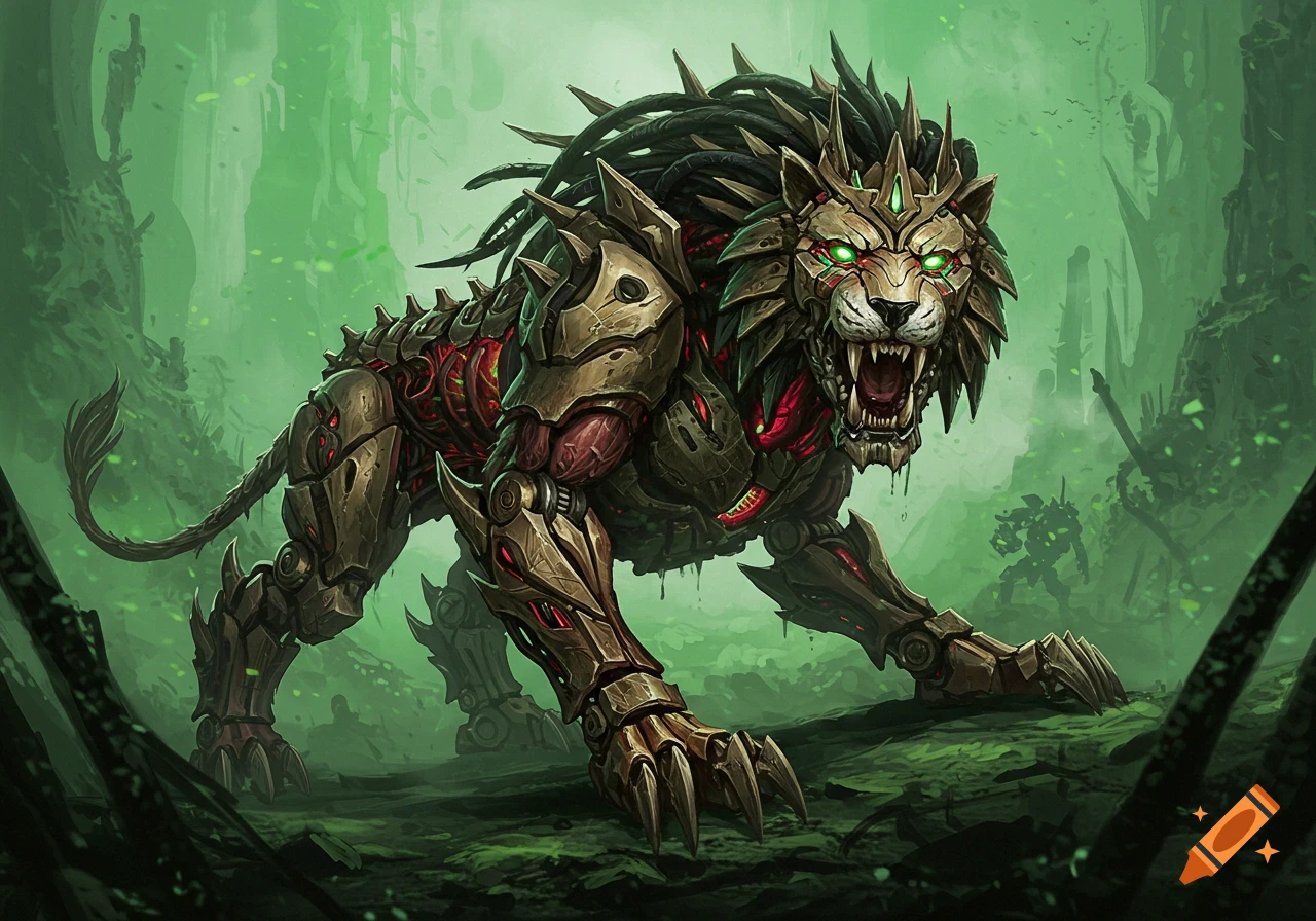 A fierce biopunk mechanical lion with glowing green eyes and exposed red sinew, covered in metallic armor and dreadlocks, stands in a misty green forest.