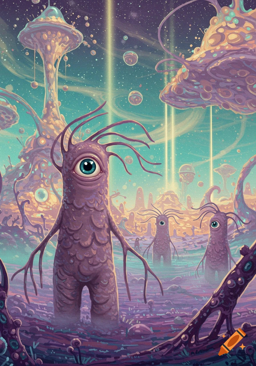 Illustration of purple, one-eyed alien creatures with tentacles on an alien planet with surreal plant life and glowing sky beams.