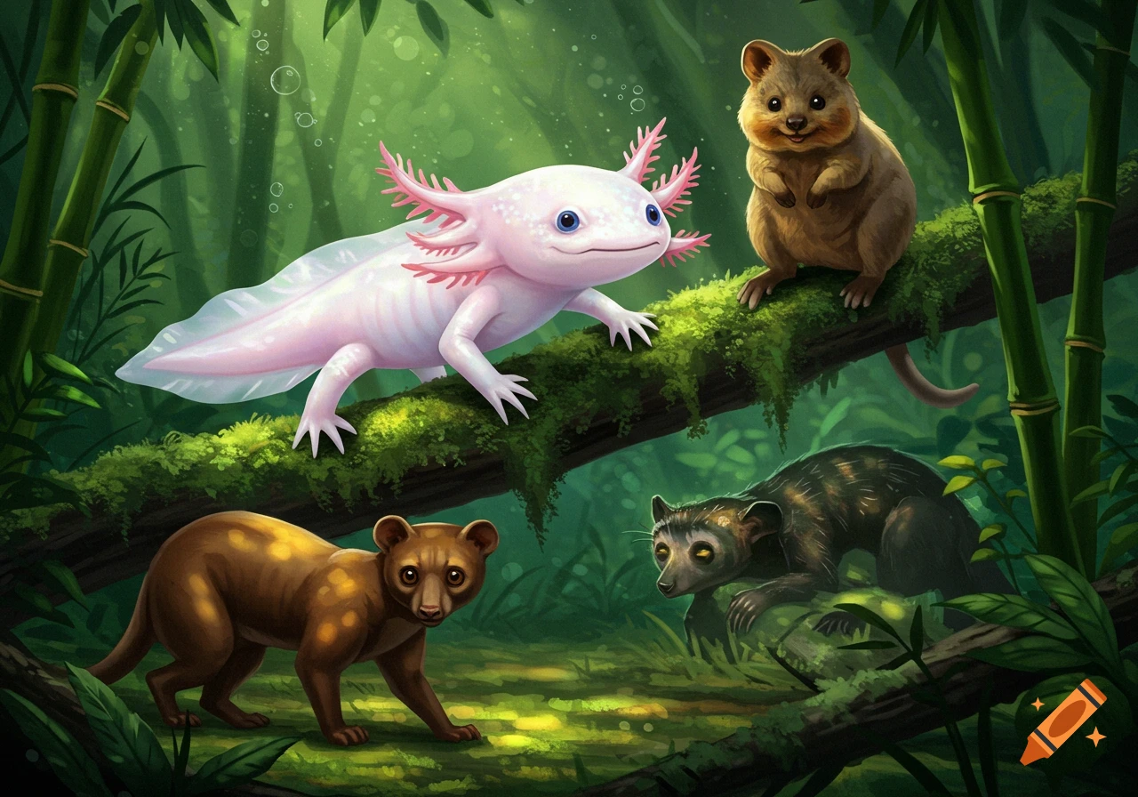 A colorful digital illustration of an axolotl, quokka, fossa, and aye-aye in a lush green jungle.