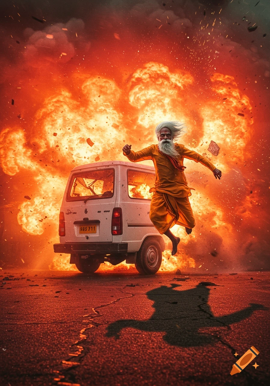 An old man in orange robes jumps away from an exploding white van on a street, with a fiery orange background.