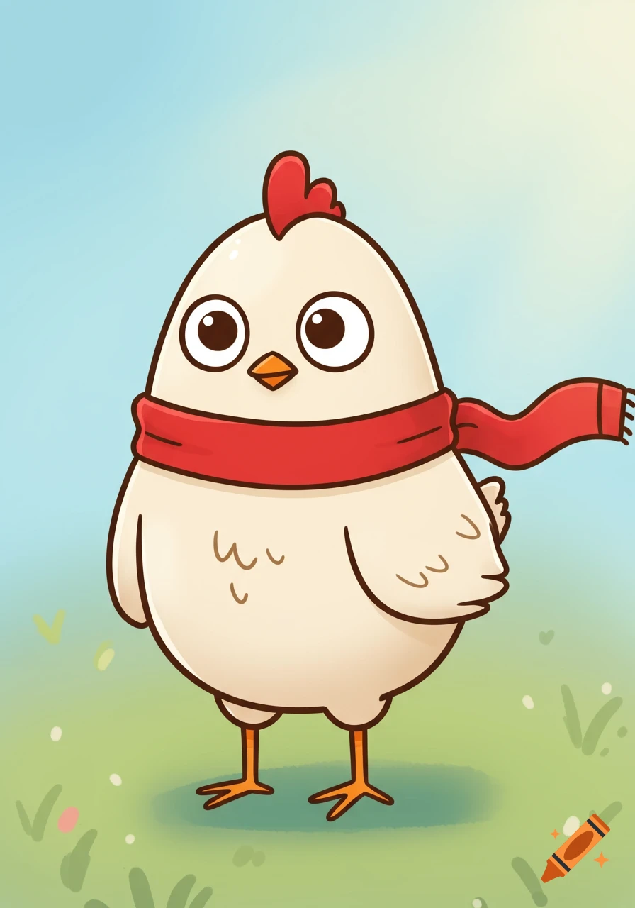 A cute cartoon chicken shaped like an egg, wearing a red scarf, standing in a grassy field under a blue sky.
