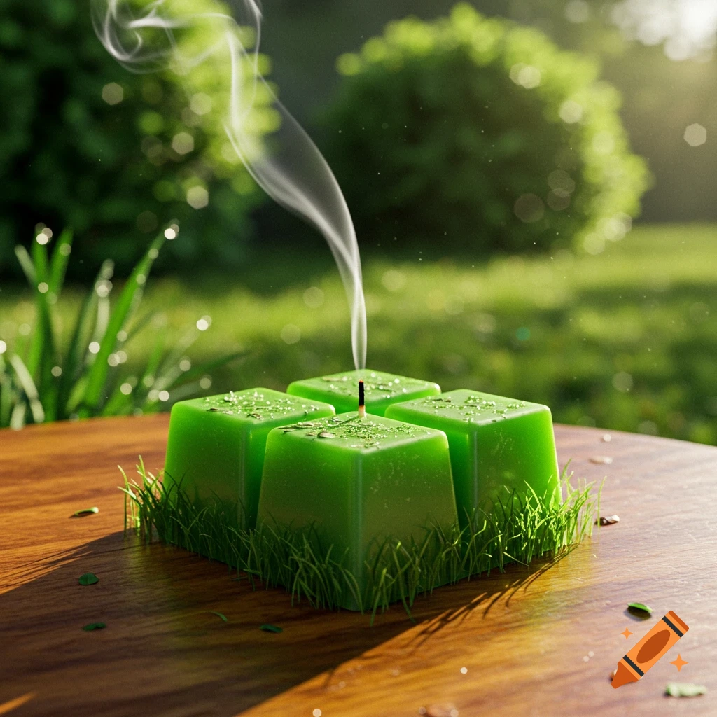 Four square green wax melts on a wooden table with grass, one emitting smoke, against a blurred green outdoor background, photorealistic style.