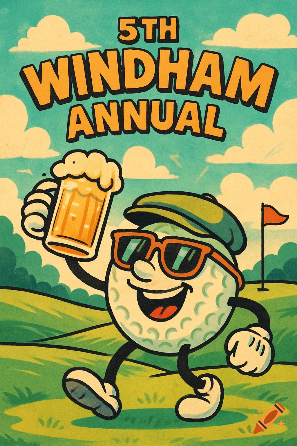 Retro cartoon poster of a golf ball character holding a beer mug on a golf course. Text: '5th Windham Annual'.