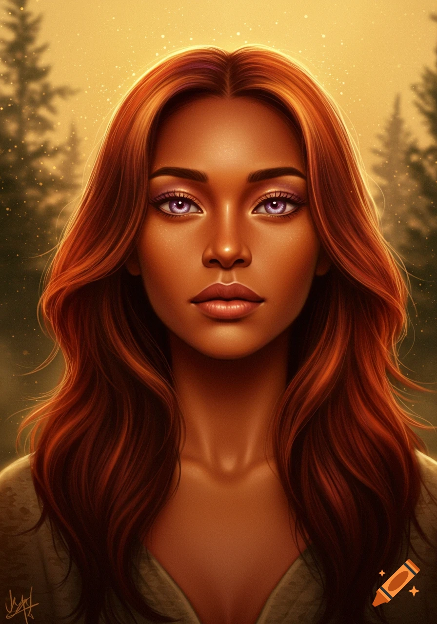 A close-up digital portrait of a woman with long red hair and purple eyes, against a golden forest background.
