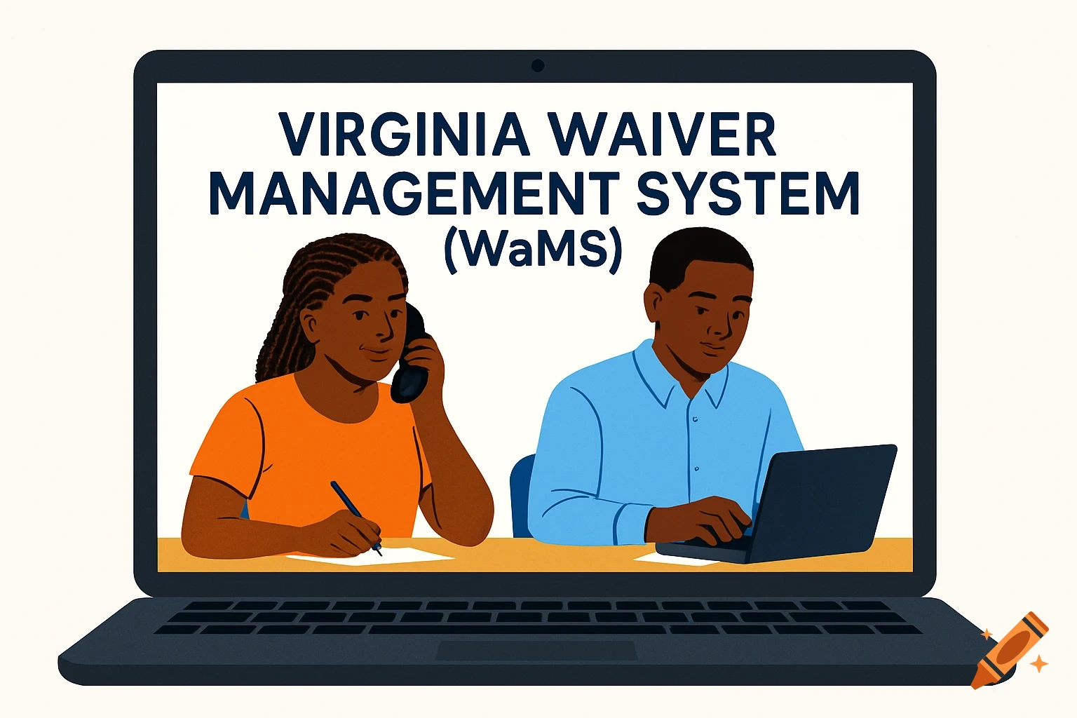 Flat illustration of two case managers on a laptop screen with 'Virginia Waiver Management System (WaMS)' text. Woman on phone, man typing.