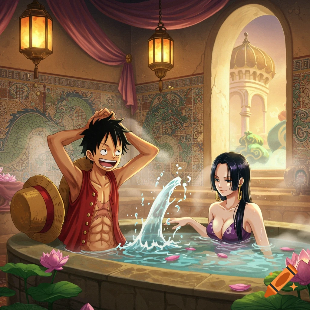 Anime characters Luffy and Hancock bathe in an ornate, tiled bathhouse with lotus flowers and dragon motifs.