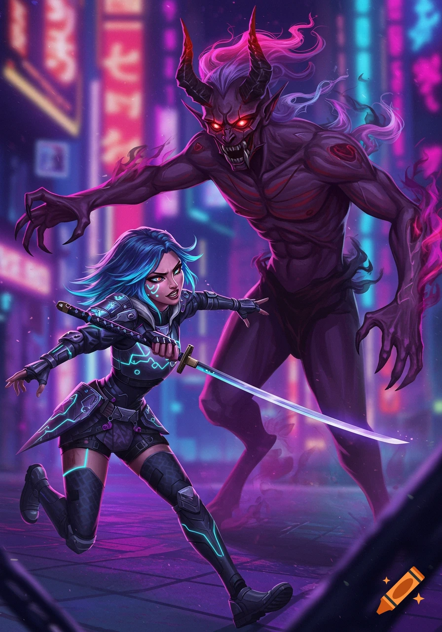 A female warrior with blue hair and glowing tech armor confronts a large, dark demon with red eyes and horns in a neon-lit cyberpunk city.