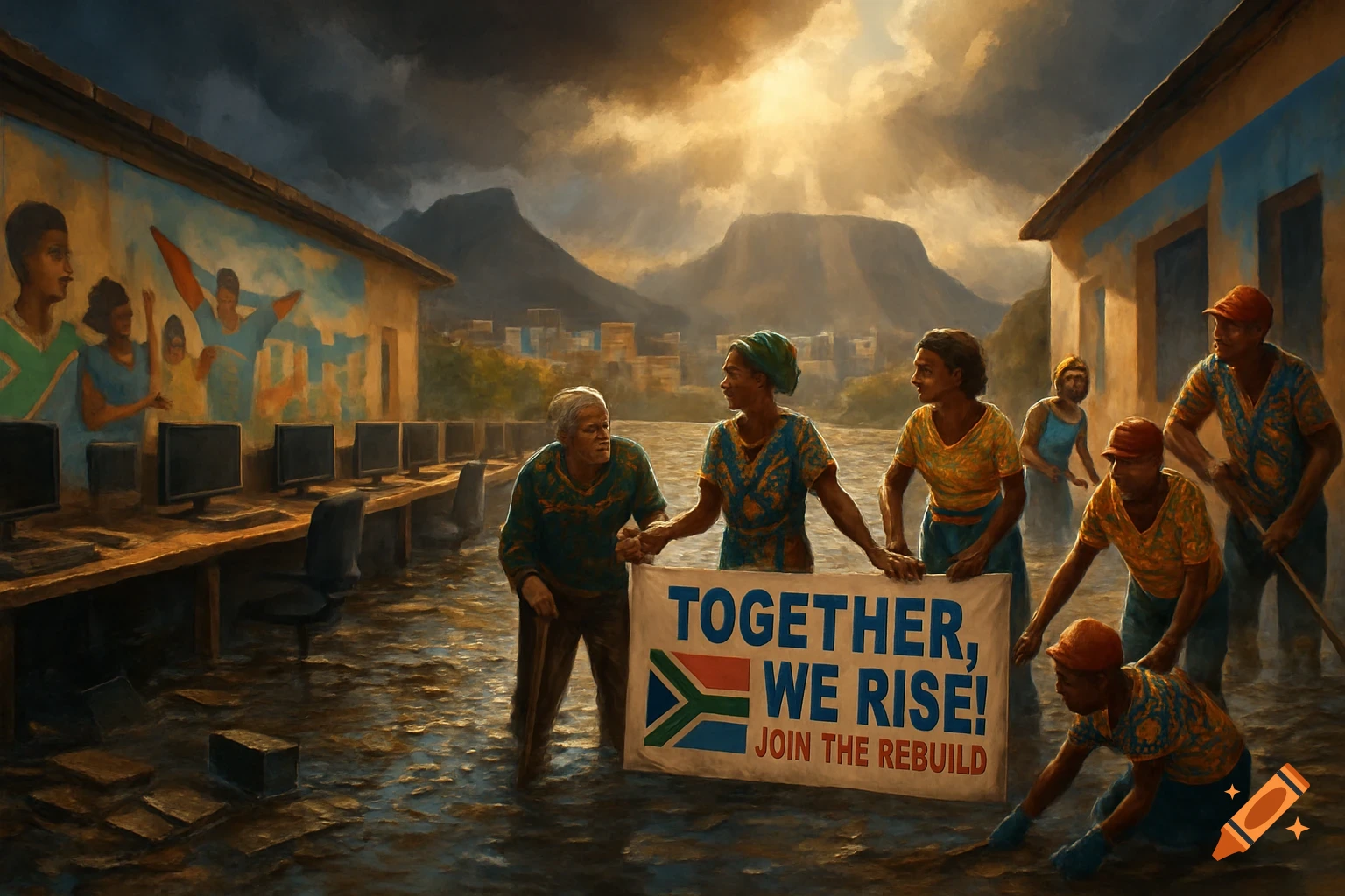 Painterly scene of people cleaning a flooded learning hub, holding a South African banner 'TOGETHER, WE RISE! JOIN THE REBUILD' under a dramatic sky.