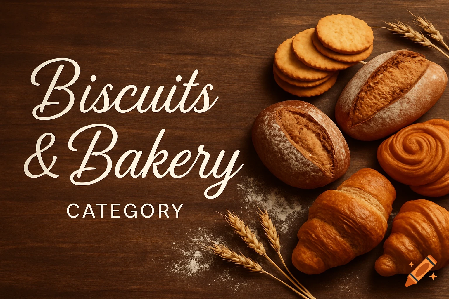 Overhead view of various baked goods including bread, biscuits, and croissants on a wooden background with text.