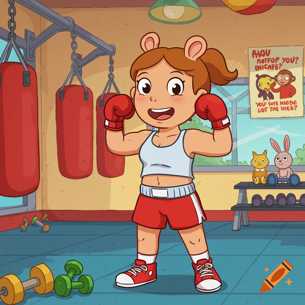 A cartoon female character, resembling Arthur, in a gym wearing boxing gloves and shorts, flexing her biceps and smiling.