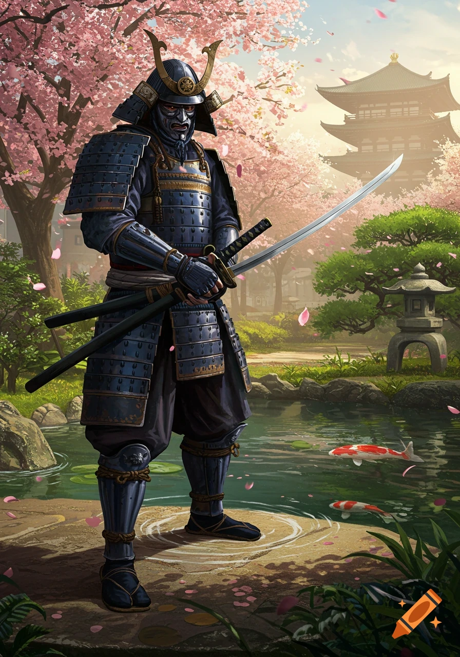 A samurai in dark armor stands holding a katana in a vibrant Japanese garden with cherry blossoms and a temple. A pond with koi fish is visible.