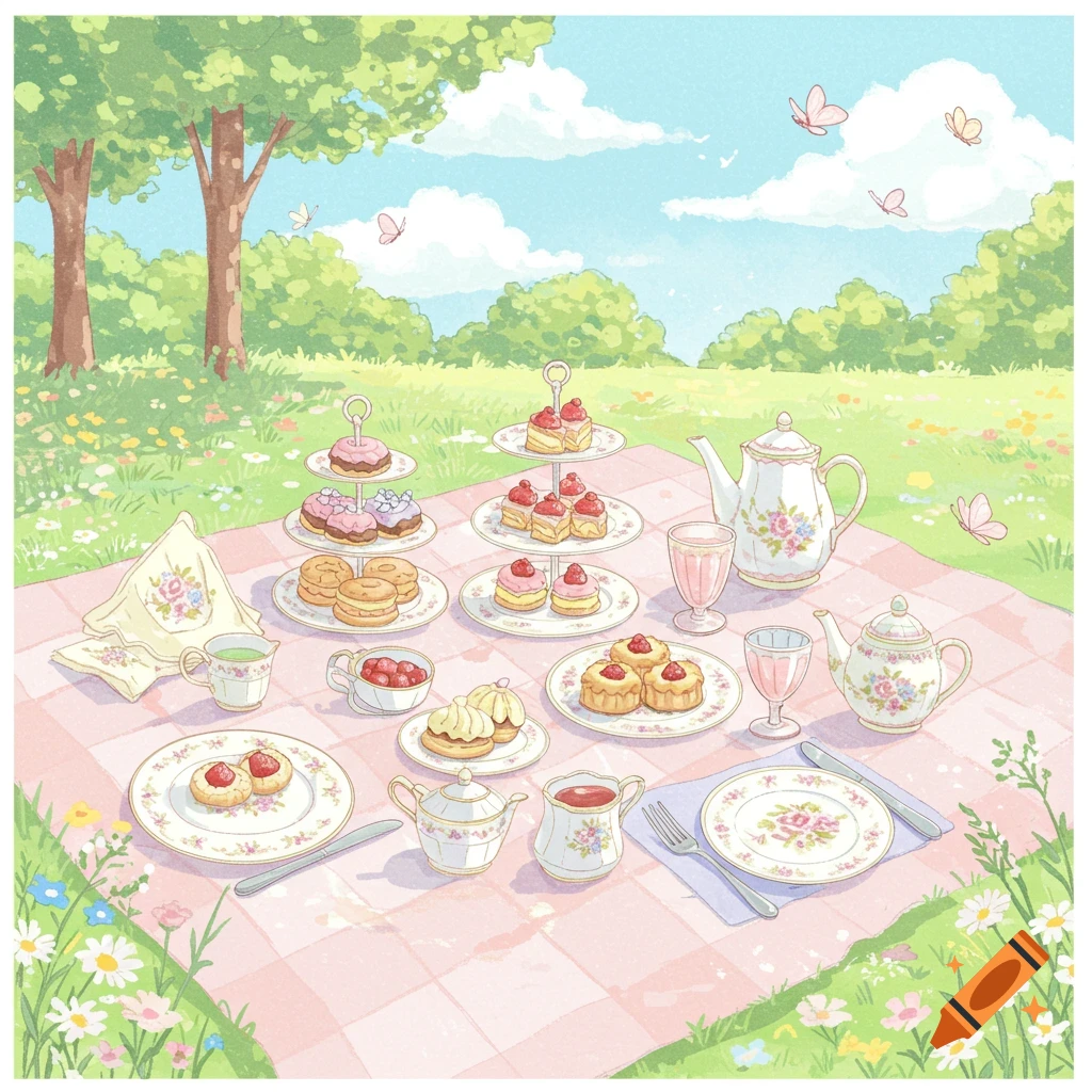 Charming illustration of a picnic with desserts, teapots, and teacups on a pink checkered blanket in a sunny meadow with butterflies.
