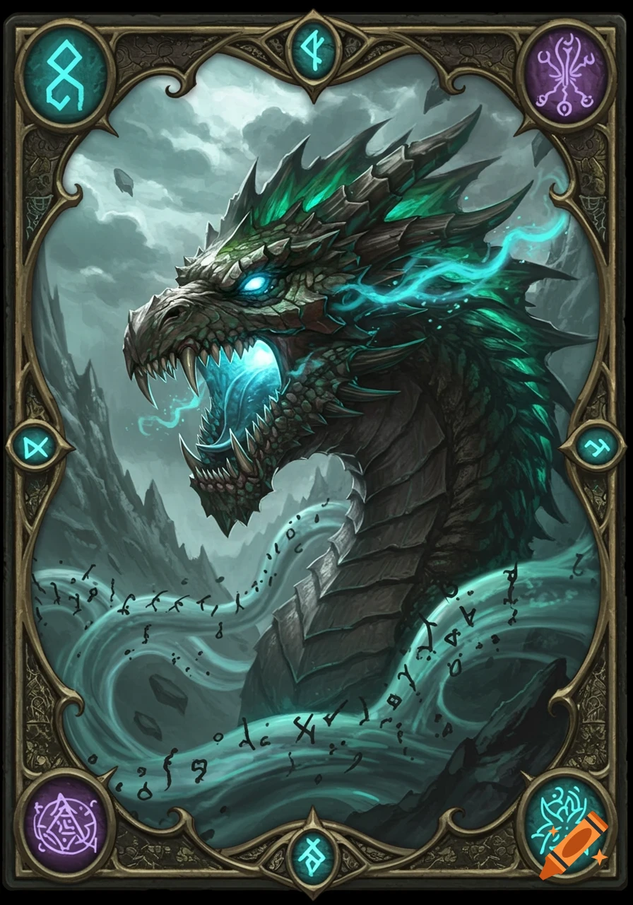 A detailed fantasy monster card featuring a fierce green and black dragon with glowing blue eyes, emitting magic and runes within an ornate border.