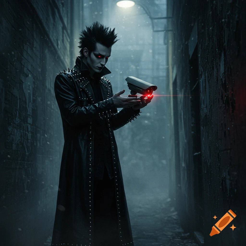 A goth individual with spiky hair and red eyes, wearing a long studded leather coat, holds a CCTV camera with a red laser in a dark, misty alley.