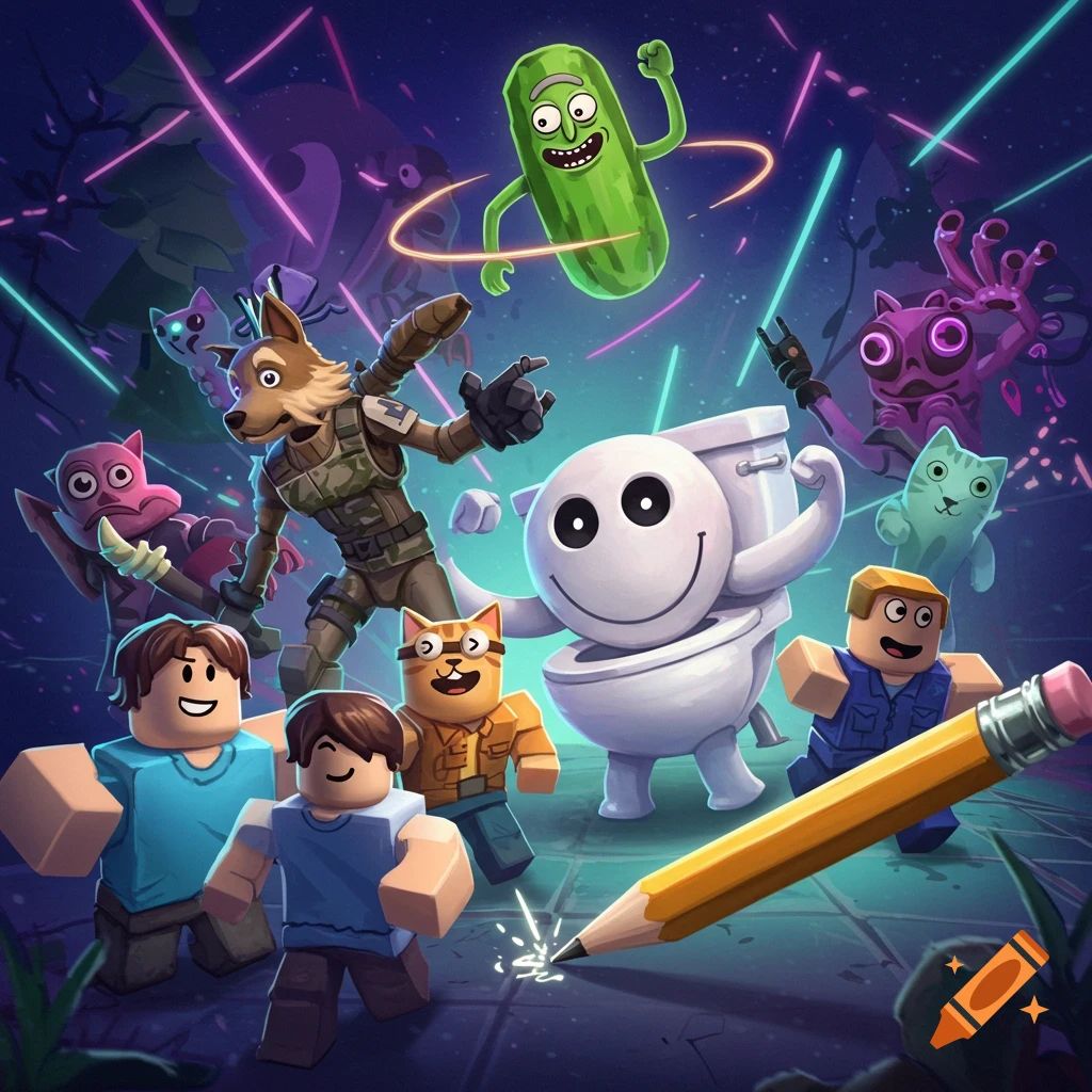 A colorful cartoon scene with Pickle Rick, Skibidi Toilet, a dog character, cats, and Roblox avatars around a giant pencil, amidst neon lights.