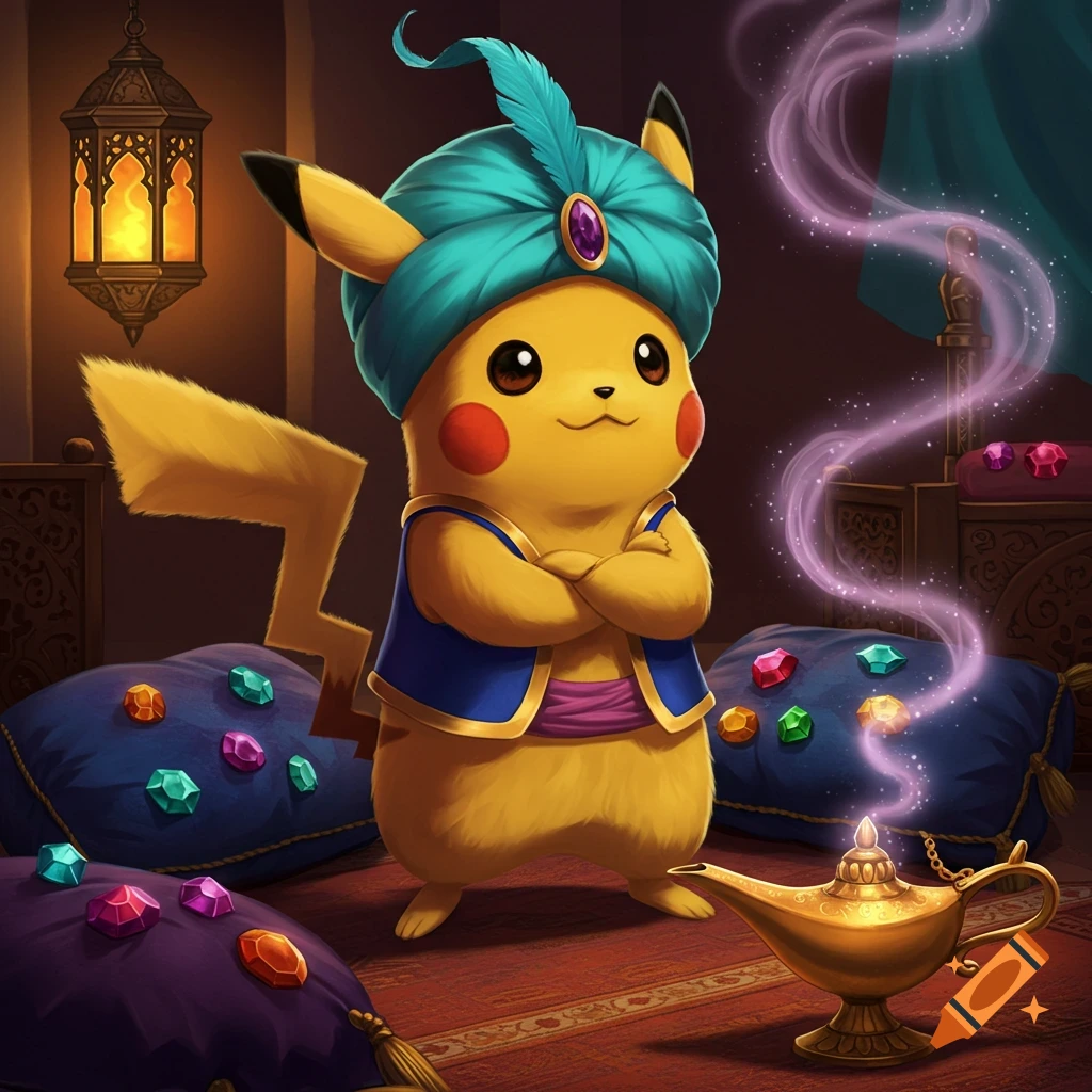 Pikachu dressed as a genie, wearing a teal turban and vest, arms crossed, with a magic lamp and glowing jewels in an ornate room.