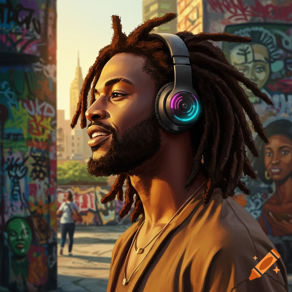 A man with dreadlocks and headphones looking up, standing in an urban setting with graffiti walls.