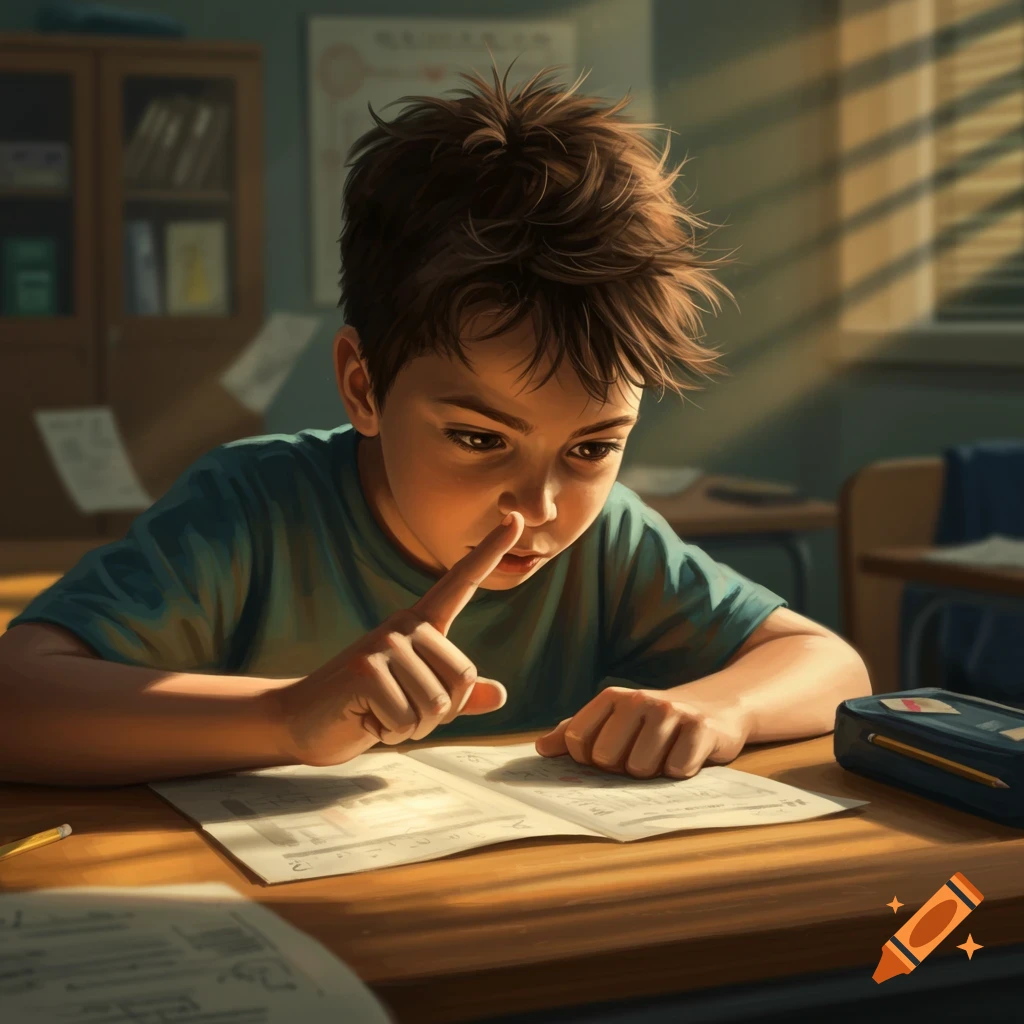 A young boy with messy brown hair, wearing a teal shirt, sits at a wooden school desk, intently looking down at an open book with his index finger near his nose. Sunlight streams through a window.