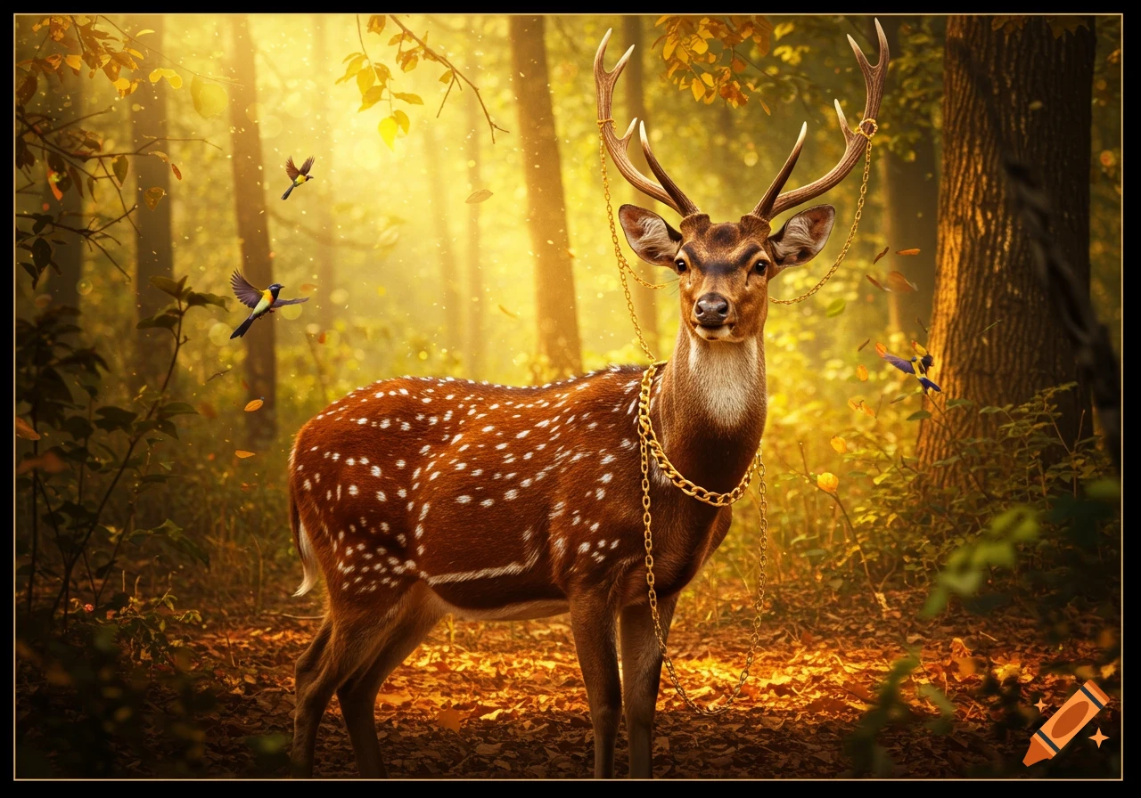 A majestic axis deer with gold chains on its neck and antlers stands in a sunlit forest with flying birds.