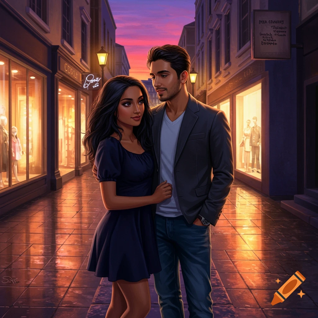 A smiling couple, a woman with long dark hair and a man with a beard, stand close on a lively city street with glowing shop windows at sunset, in a digital art style.