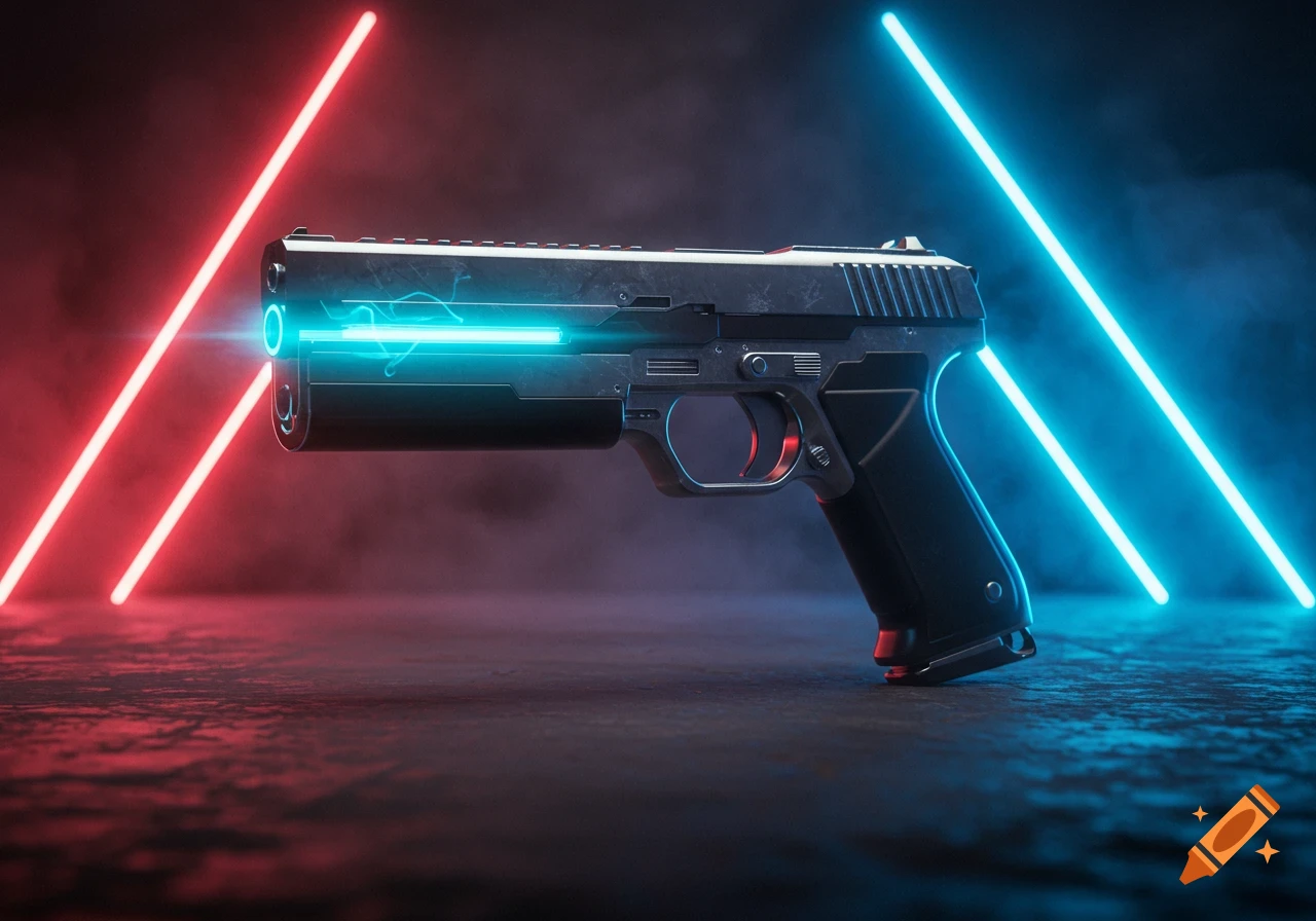 A futuristic laser pistol with glowing blue and red neon lights in a dark, smoky setting.
