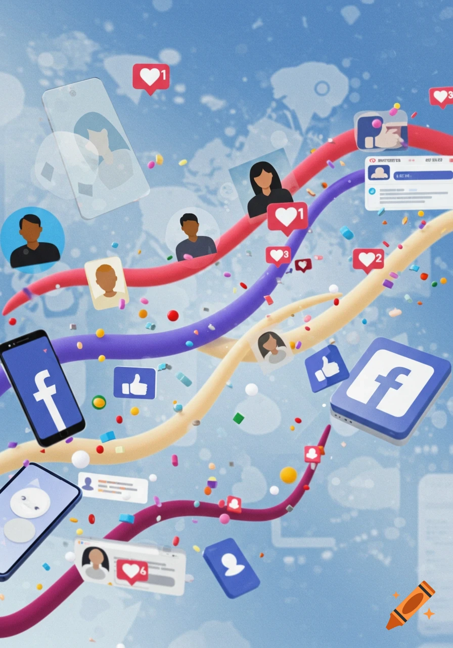 Vibrant illustration of Facebook logos, user profiles, like icons, and confetti, floating on a blue background.