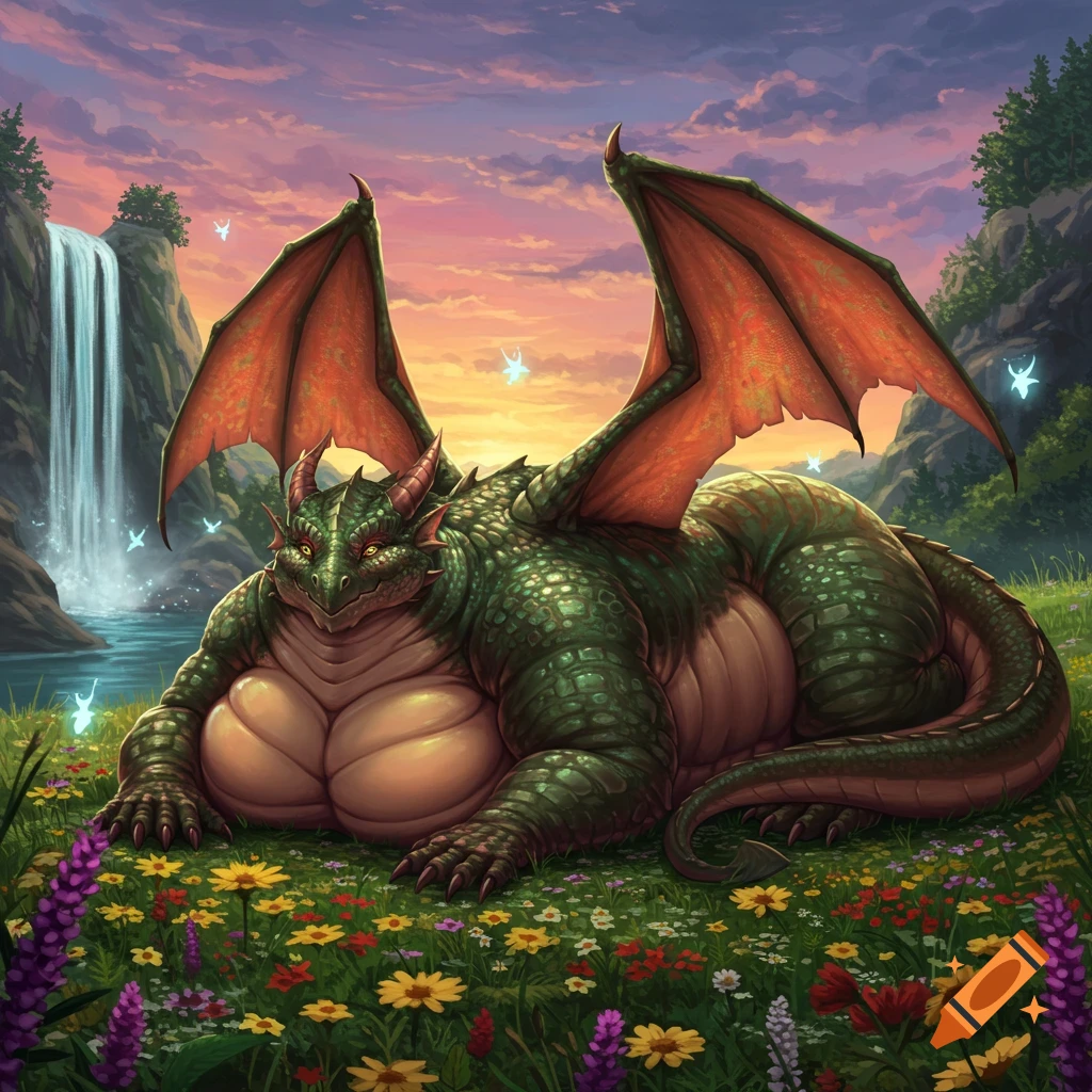 A large green dragon with orange wings lies in a field of wildflowers near a waterfall under a sunset sky.