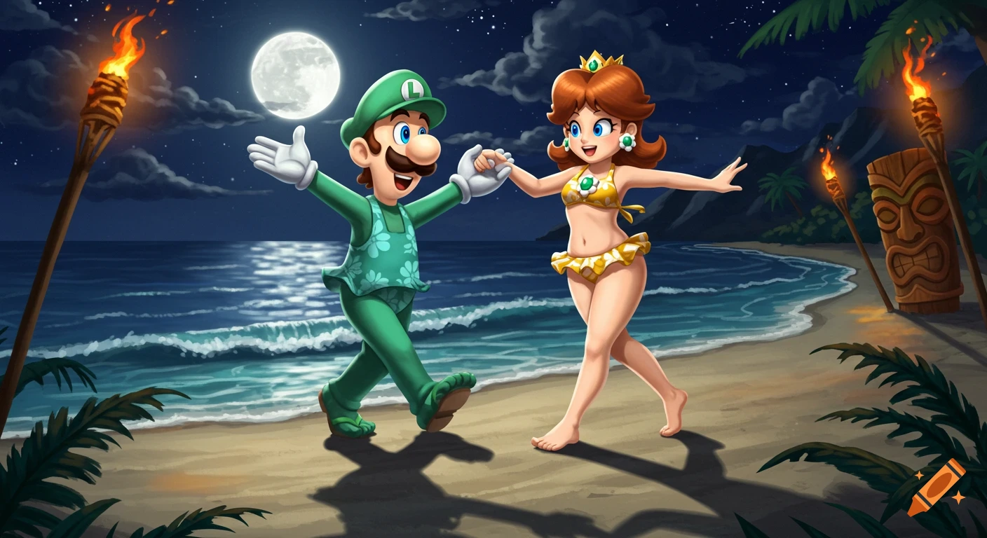 Luigi and Princess Daisy in swimsuits dancing on a moonlit beach with torches and palm trees.