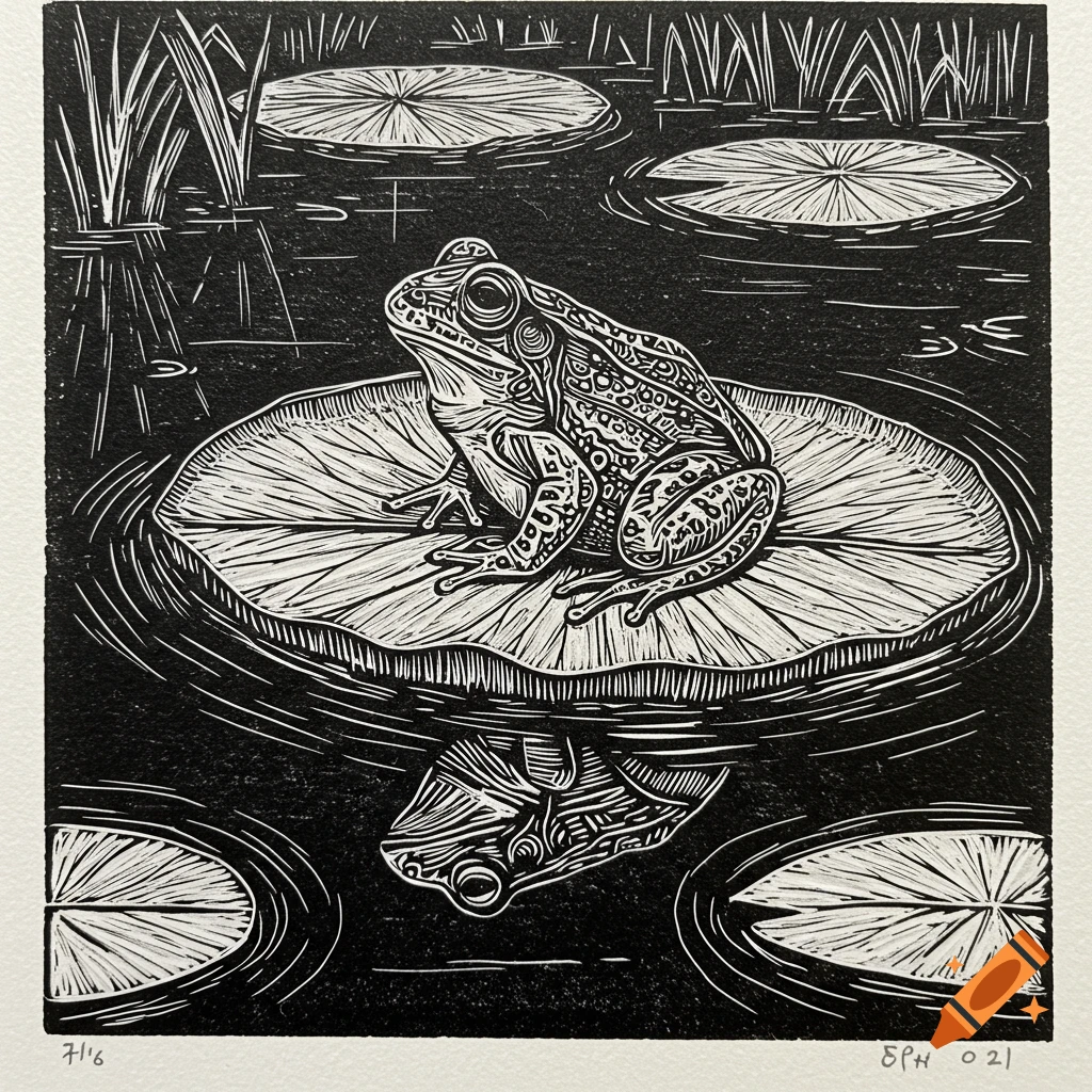 A black and white linocut of a frog resting on a lily pad in a pond.