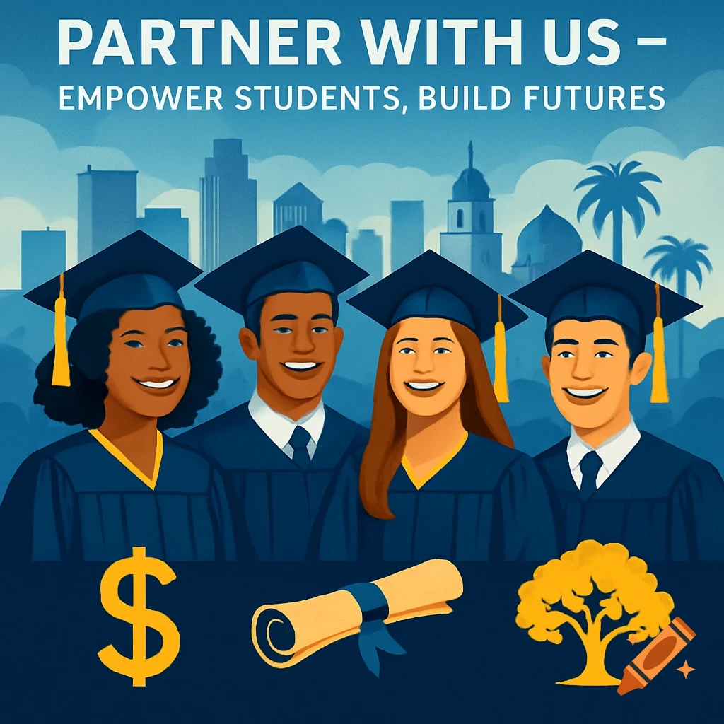 Illustration of four diverse graduates in caps and gowns with a city skyline, dollar sign, diploma, and tree. Text: 'Partner With Us – Empower Students, Build Futures.'