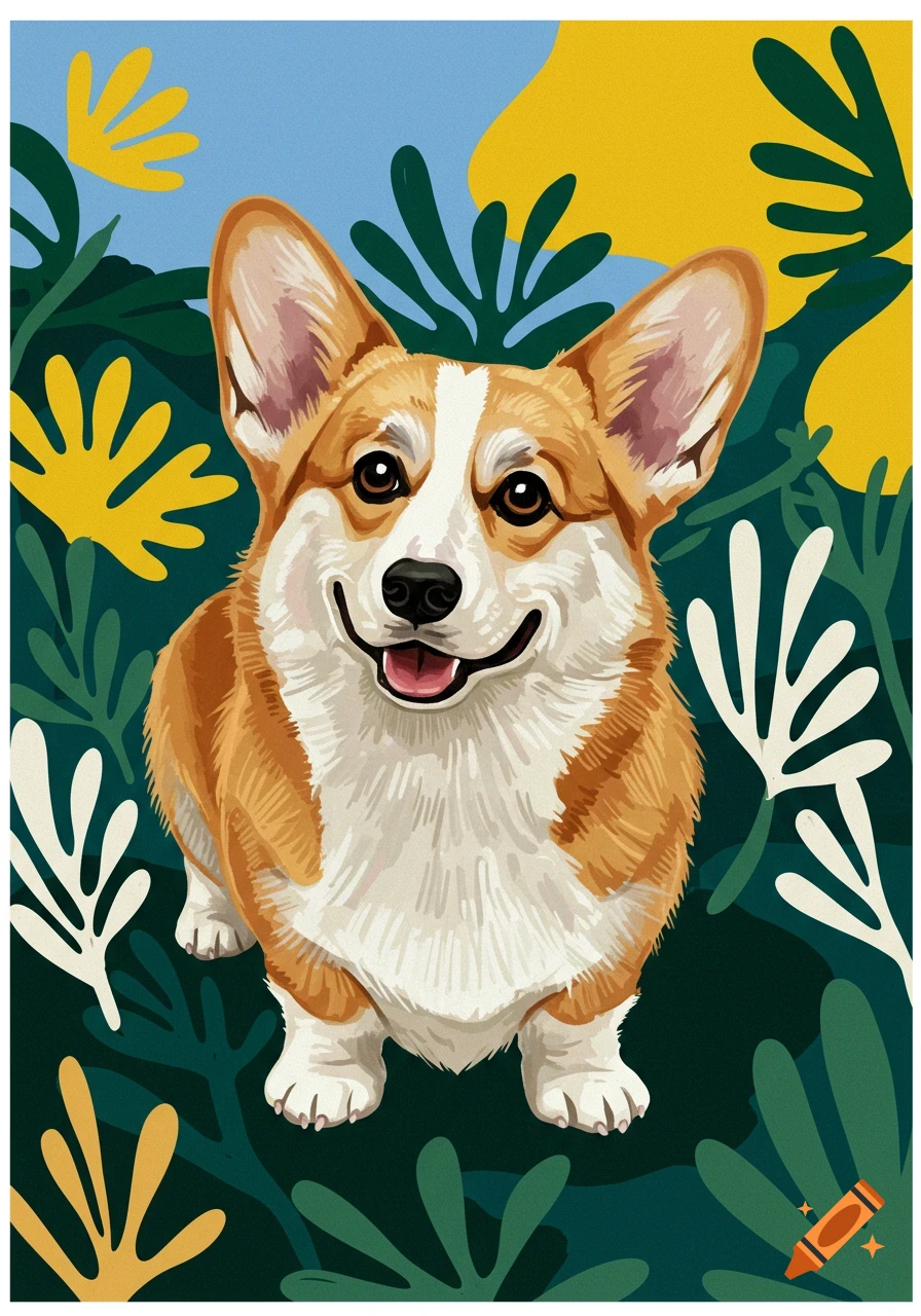 A smiling corgi dog surrounded by vibrant, stylized green and yellow foliage, in an illustrative art style.
