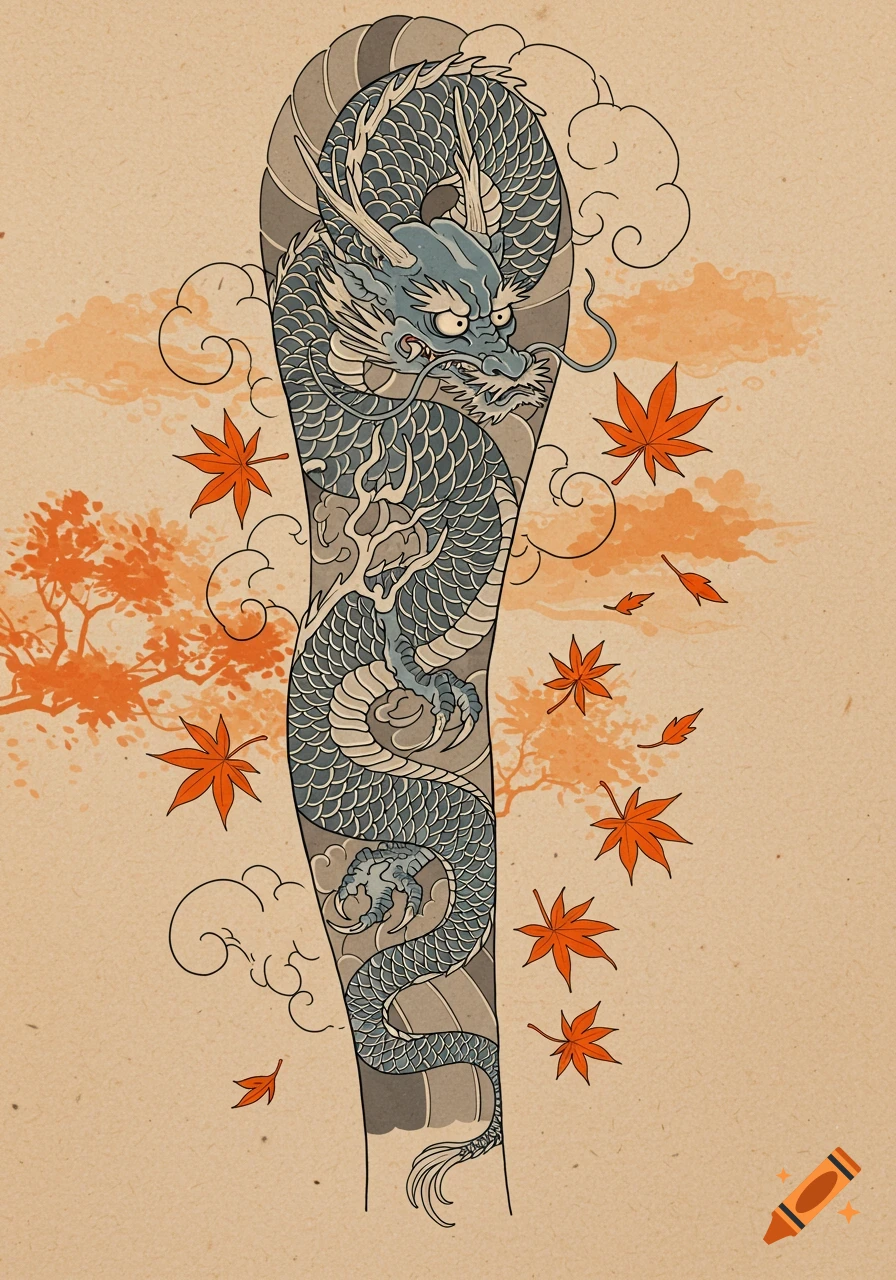 Traditional Japanese-style illustration of a grey dragon tattoo design with orange maple leaves and clouds on a tan background.