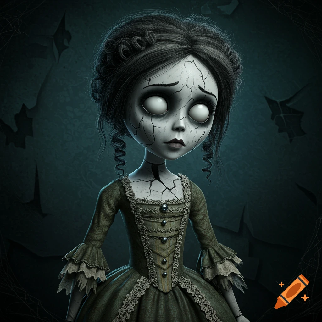 A creepy, cracked gothic doll with white eyes and dark hair, wearing an 18th-century style green dress, in the style of Tim Burton.