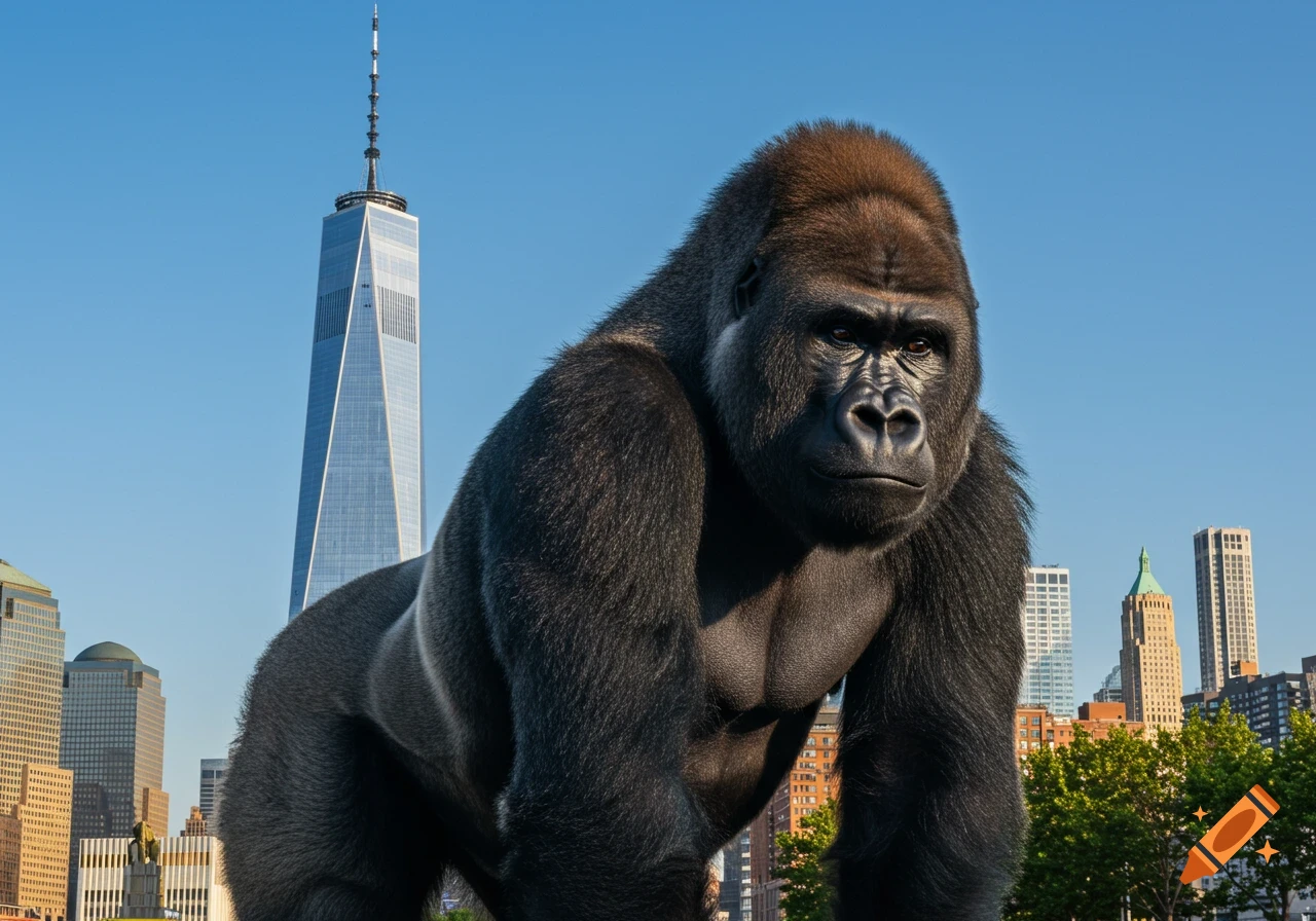 A photorealistic gorilla stands in front of the Freedom Tower, with a city skyline under a clear blue sky.