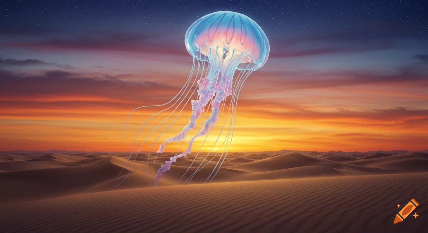 A luminous, iridescent jellyfish-shaped hot air balloon floats above a vast desert with sand dunes under a vibrant sunset sky.