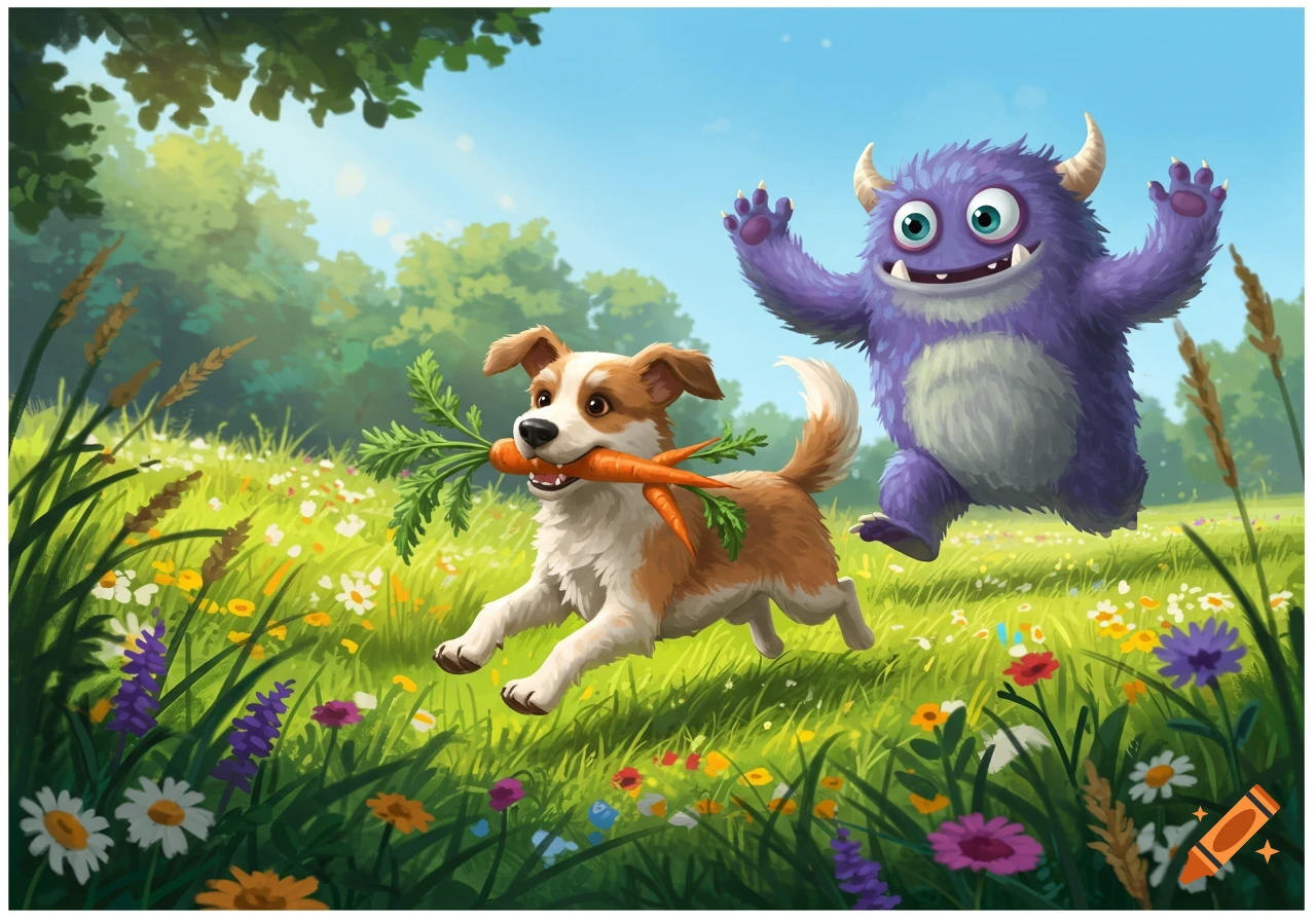 A cute brown and white dog runs through a flower-filled meadow with carrots in its mouth, pursued by a smiling purple monster.
