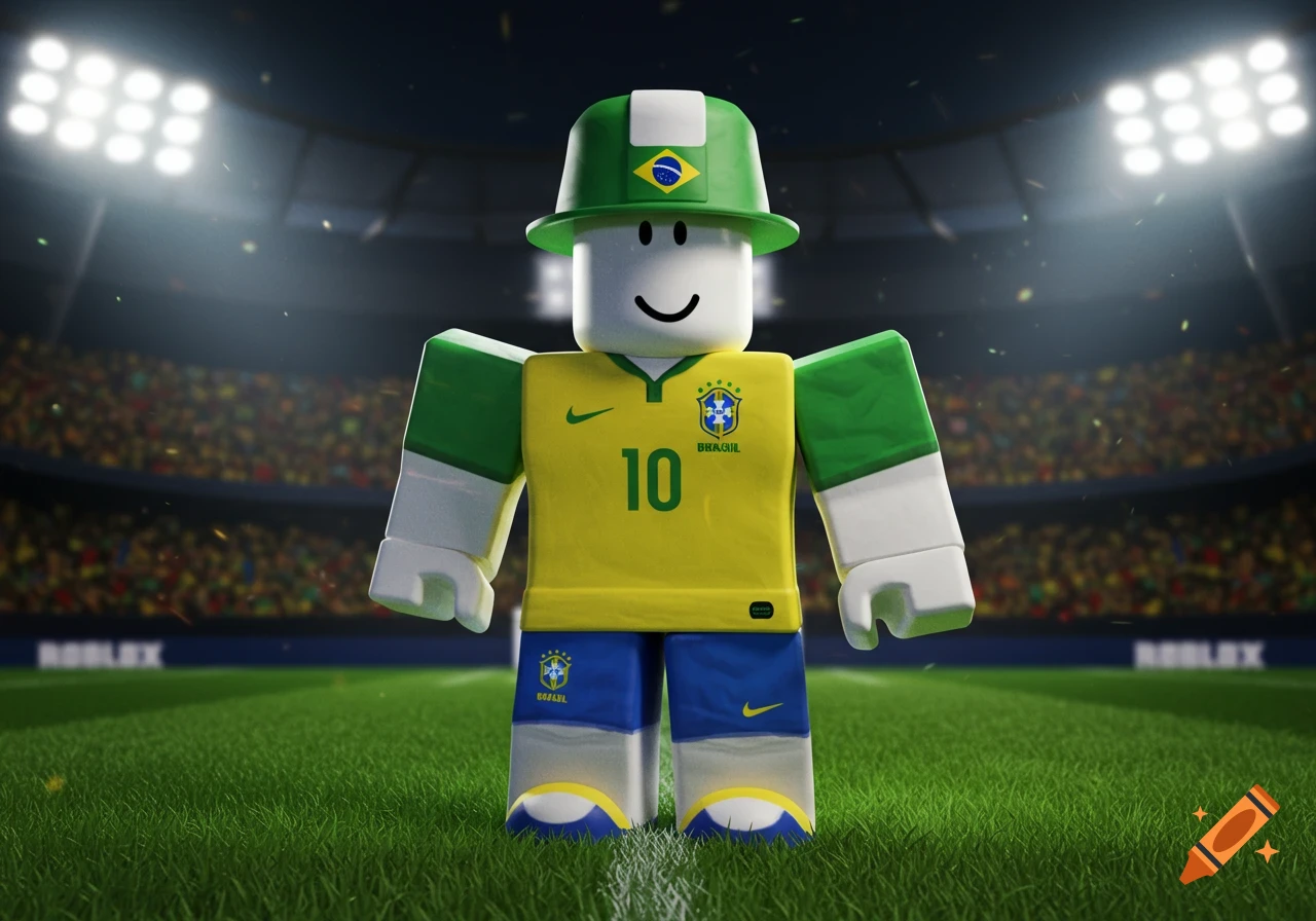 A Roblox avatar in a yellow and green Brazil soccer kit with the number 10, standing on a grassy field in a stadium with bright lights.