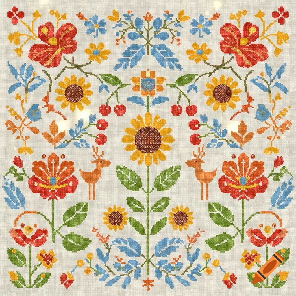 A colorful cross stitch pattern featuring sunflowers, red flowers, berries, blue leaves, and two deer on a light background.