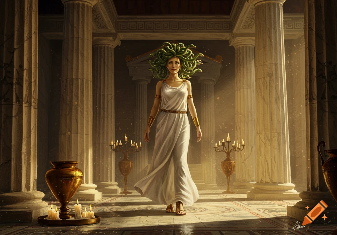 Medusa in a flowing white gown walks through an ancient Greek temple, surrounded by tall stone columns and flickering candles.