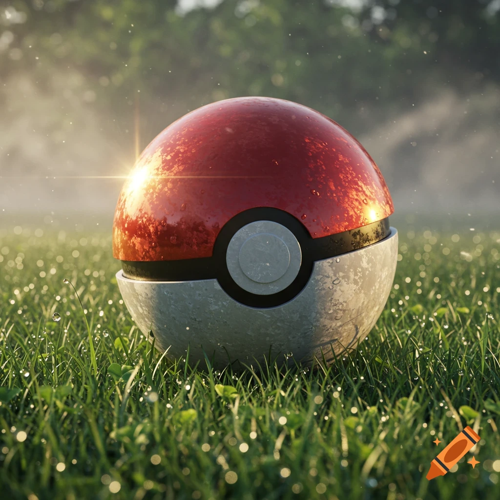 A photorealistic Pokeball rests in a dew-covered grassy field with sunlight beaming through trees in the background.
