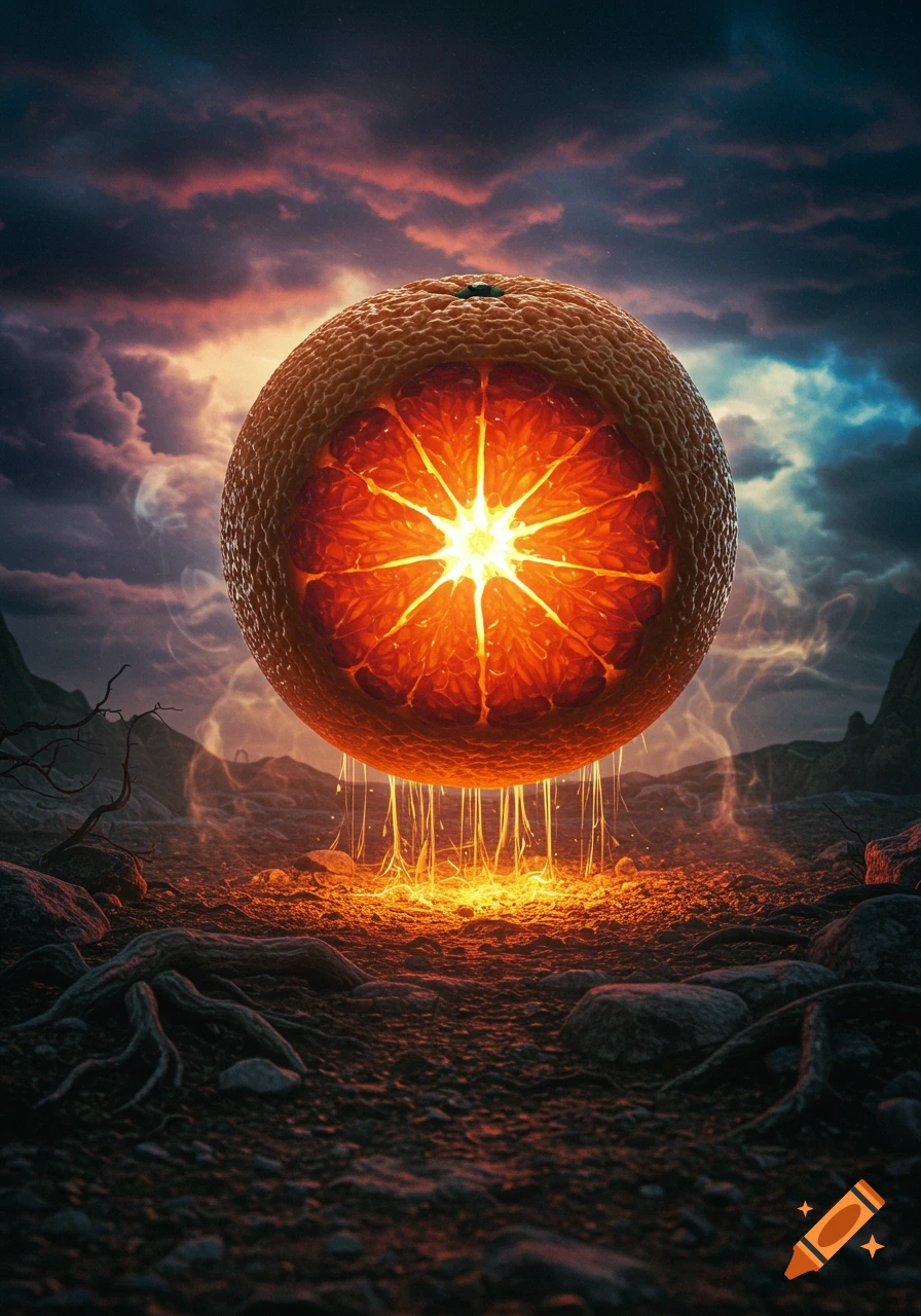 A giant, glowing orange levitates over a barren, fiery landscape under a dramatic, stormy sky.