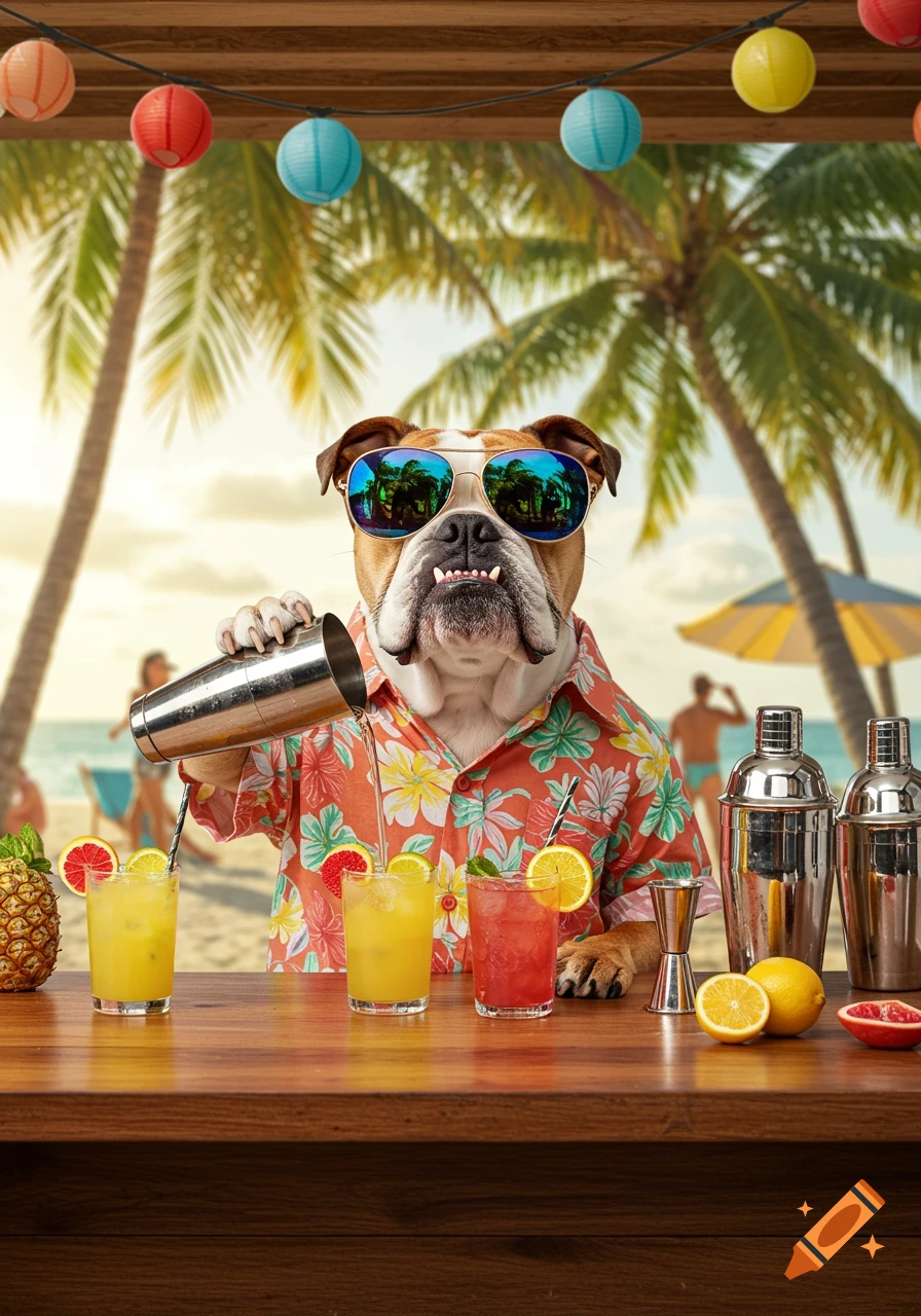 An English bulldog in sunglasses and Hawaiian shirt pours cocktails at a beach bar.
