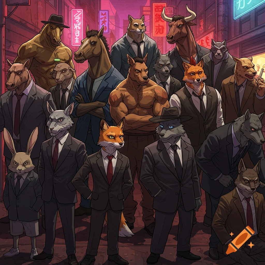 A group of anthropomorphic animals in suits, including a horse, bull, fox, wolves, and a rabbit, stand in a neon-lit urban alley in a cartoon style.