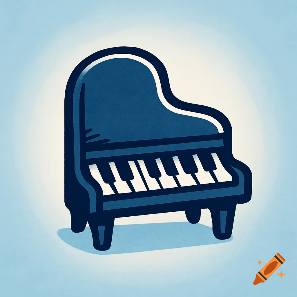A simplistic cartoonish navy blue logo of a grand piano.