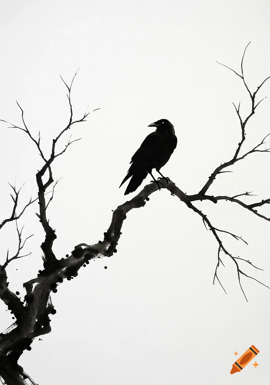 A black ink silhouette of a crow perched on a bare, gnarled tree branch against a white background, in the style of a Japanese ink painting.