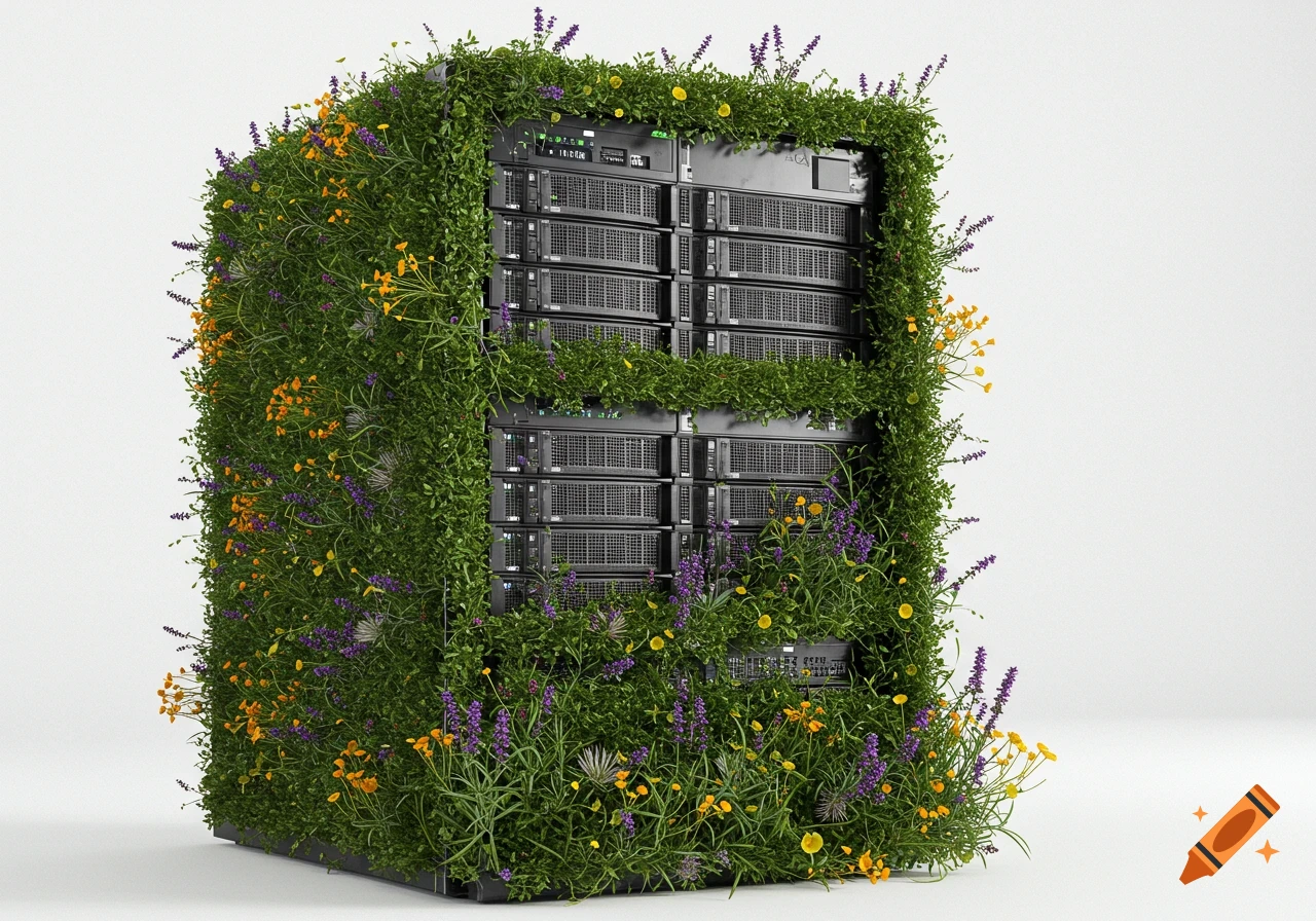 A large black data server tower is completely covered in lush green vines with small yellow and purple wildflowers, set against a white background.