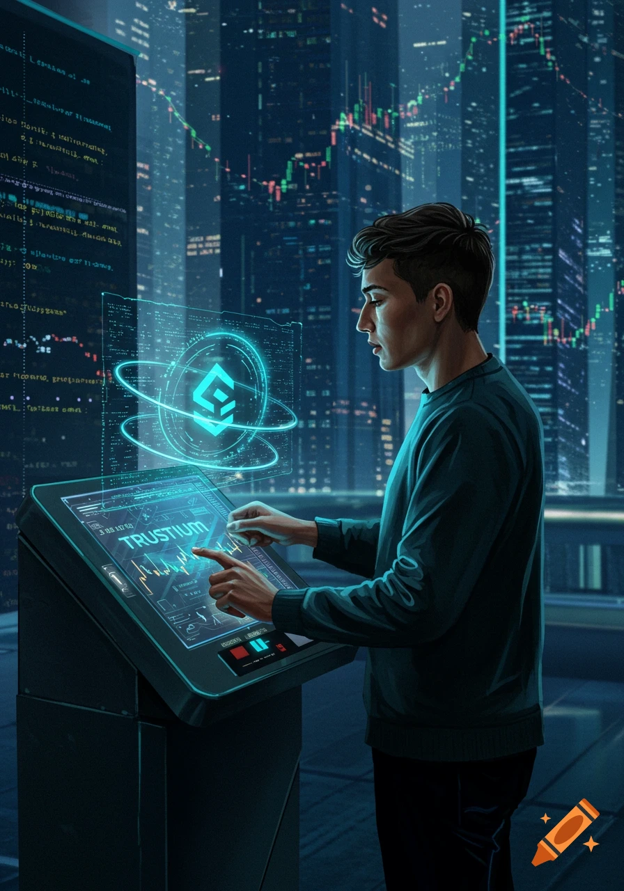A man interacts with a futuristic touchscreen displaying crypto currency graphs and the word 'TRUSTIUM' in a high-tech city setting.