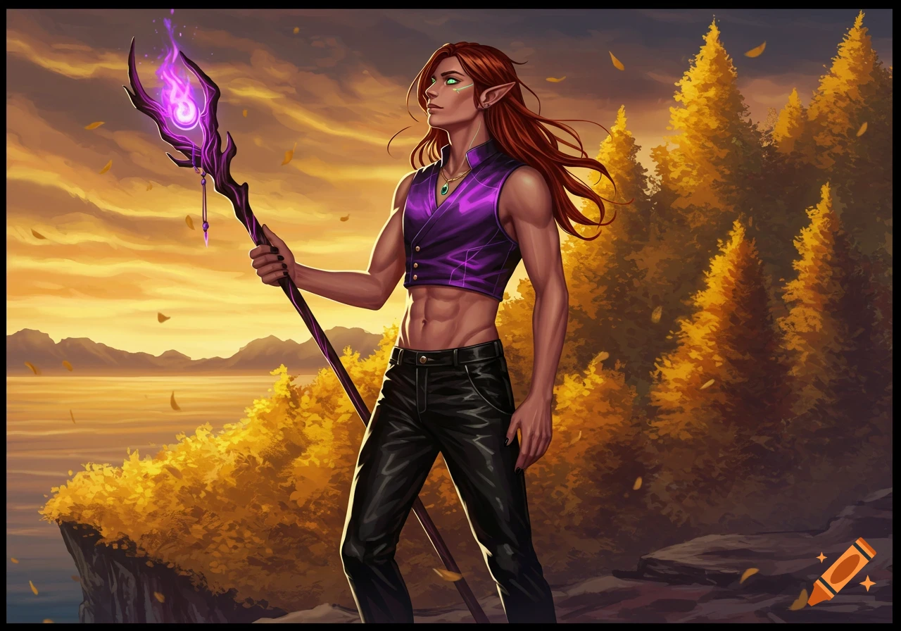 Male elf with red-brown hair and green eyes on a cliff at sunset, holding a staff with purple flames, golden forest background. Illustrated fantasy art.