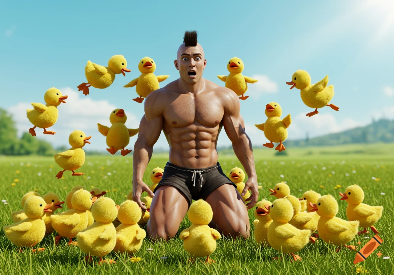 A muscular man with a mohawk kneels in a grassy field, looking surprised as he is surrounded by flying and standing yellow ducklings in a 3D render style.